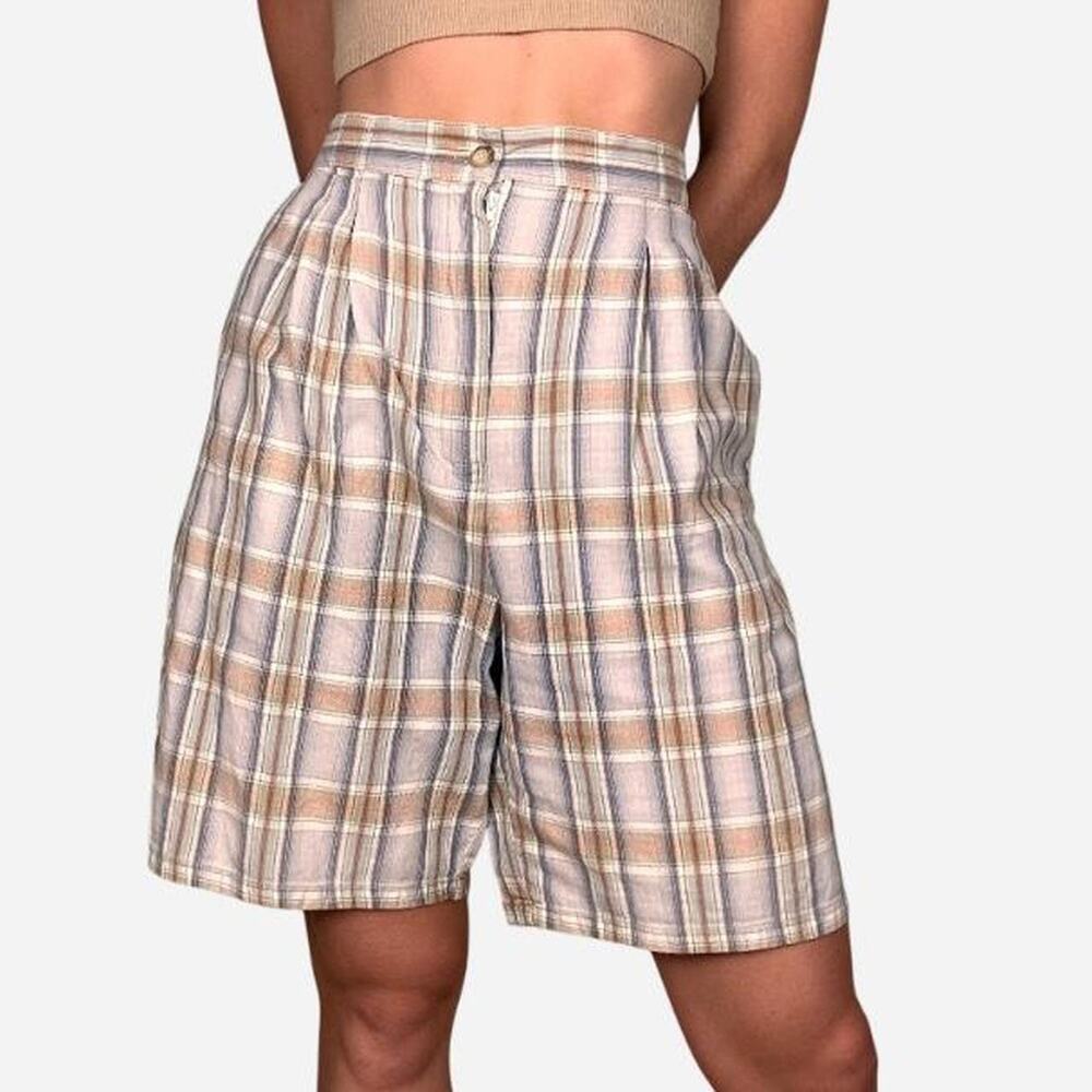 Erika Classics high rise pleated shorts vintage brown blue cream bermuda - M